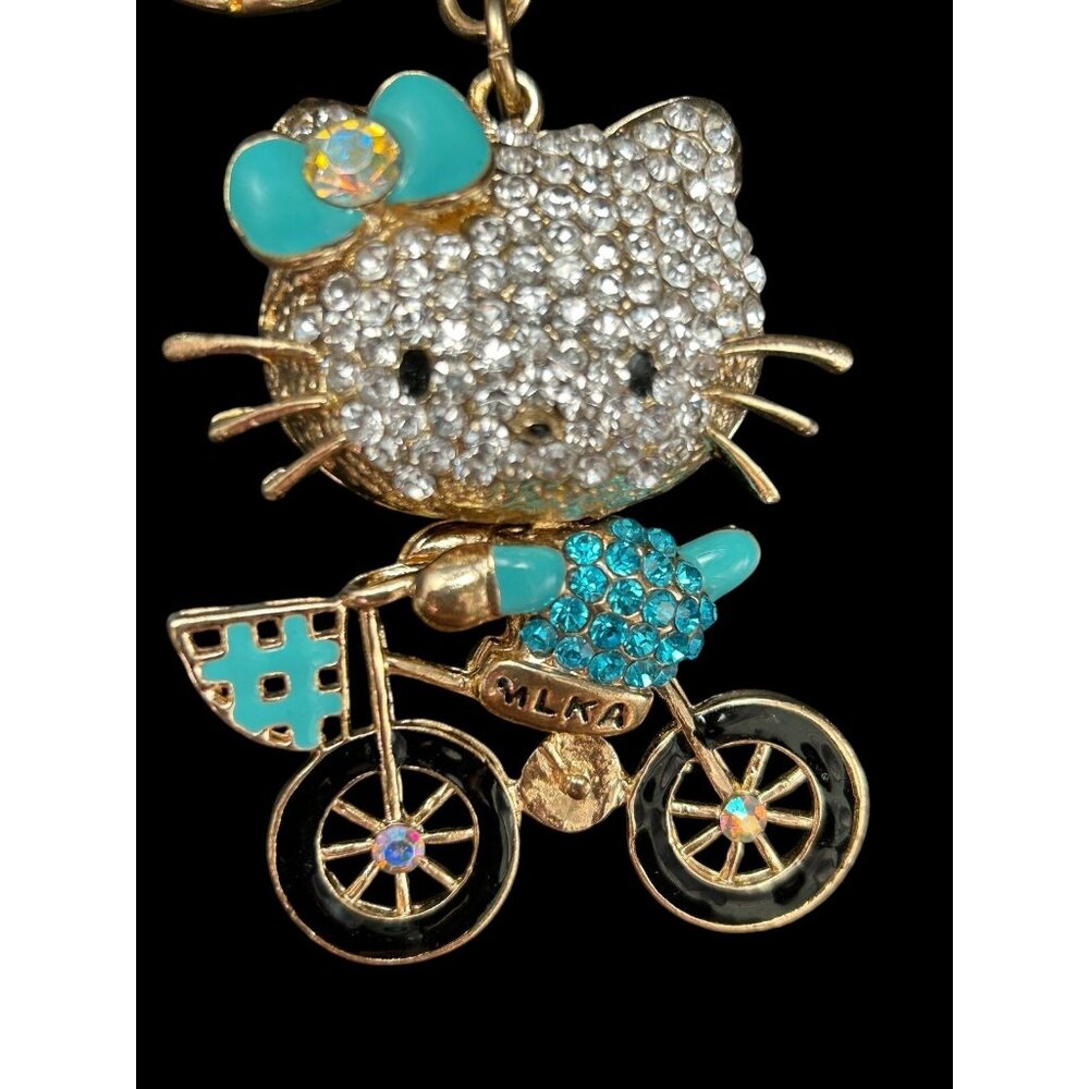 MLKA Rhinestone & Enamel Key Chain Purse Charm Cartoon Cat w Bike BLUE 3"